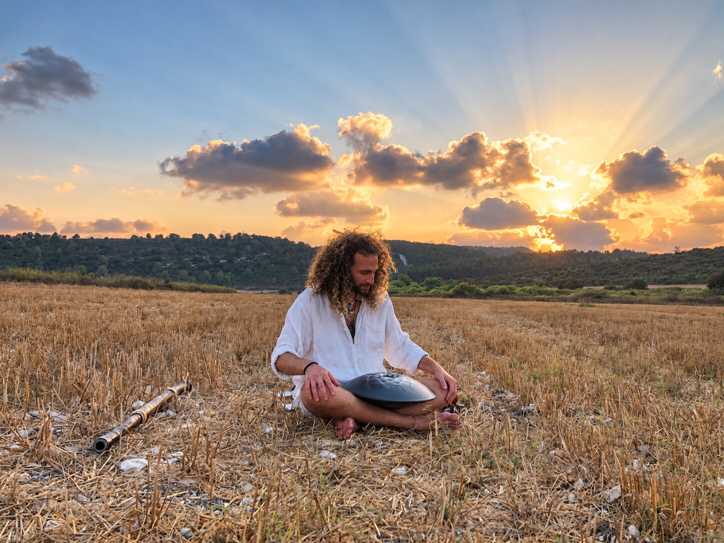 נדב ונקרט מנגן בהנדפאן בשדה בשעת שקיעה, ולצדו דידג׳רידו.